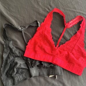 PINK Victoria's Secret Red and Black Lace Bralette Duo